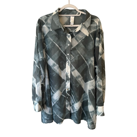 Wynne Layers Green Gray and White Sheer Plaid Shirt Size 1X Flowy Minimalist - Picture 1 of 13
